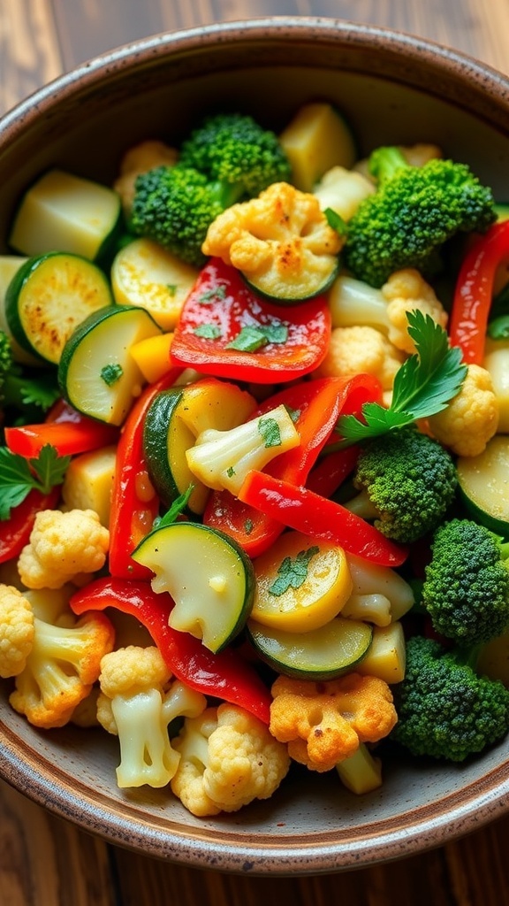 A colorful low carb vegetable medley with zucchini, bell peppers, broccoli, and cauliflower in a rustic bowl.